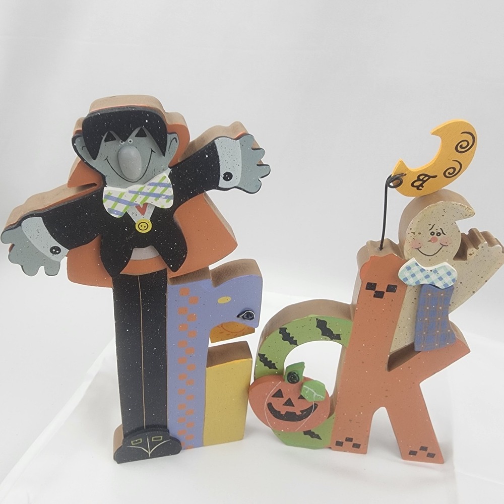 Halloween Trick Or Treat Hand Painted Letters Shelf Sitter Scarecrow Ghost Cat - Picture 2 of 10